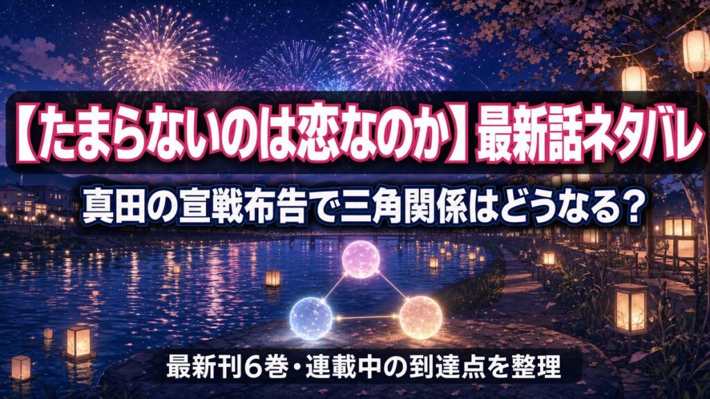 「たまらないのは恋なのか 最新話ネタバレ記事のアイキャッチ画像。夜空の花火と川辺、三角形に並ぶ3つの発光オーブが美澄・北原・真田の三角関係を象徴する構図」