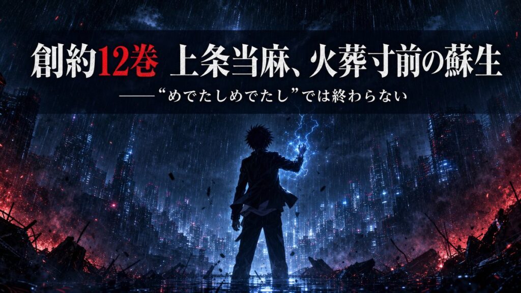 創約とある魔術の禁書目録12巻のアイキャッチ。雨の学園都市を背景に、右手を掲げる上条当麻のシルエットと「火葬寸前の蘇生」のコピー