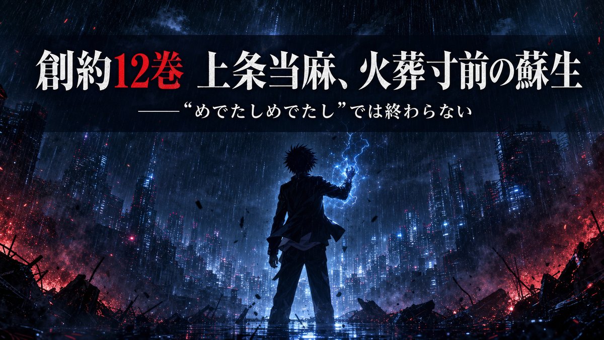 創約とある魔術の禁書目録12巻のアイキャッチ。雨の学園都市を背景に、右手を掲げる上条当麻のシルエットと「火葬寸前の蘇生」のコピー