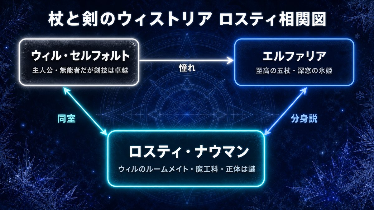 杖と剣のウィストリアのロスティ相関図。中央のロスティと、ルームメイトのウィル、分身説のあるエルファリアの関係を図示