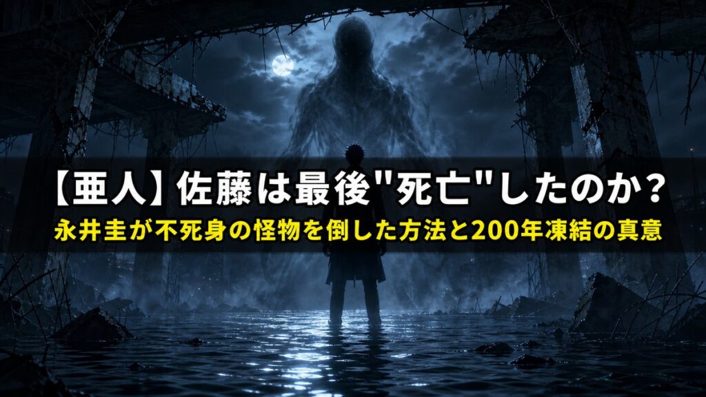 「【亜人】佐藤は最後死亡したのかを解説する記事のアイキャッチ画像。崩落した橋の下、水辺に立つ男の背後に半透明の黒い幽霊が迫る不穏な構図」