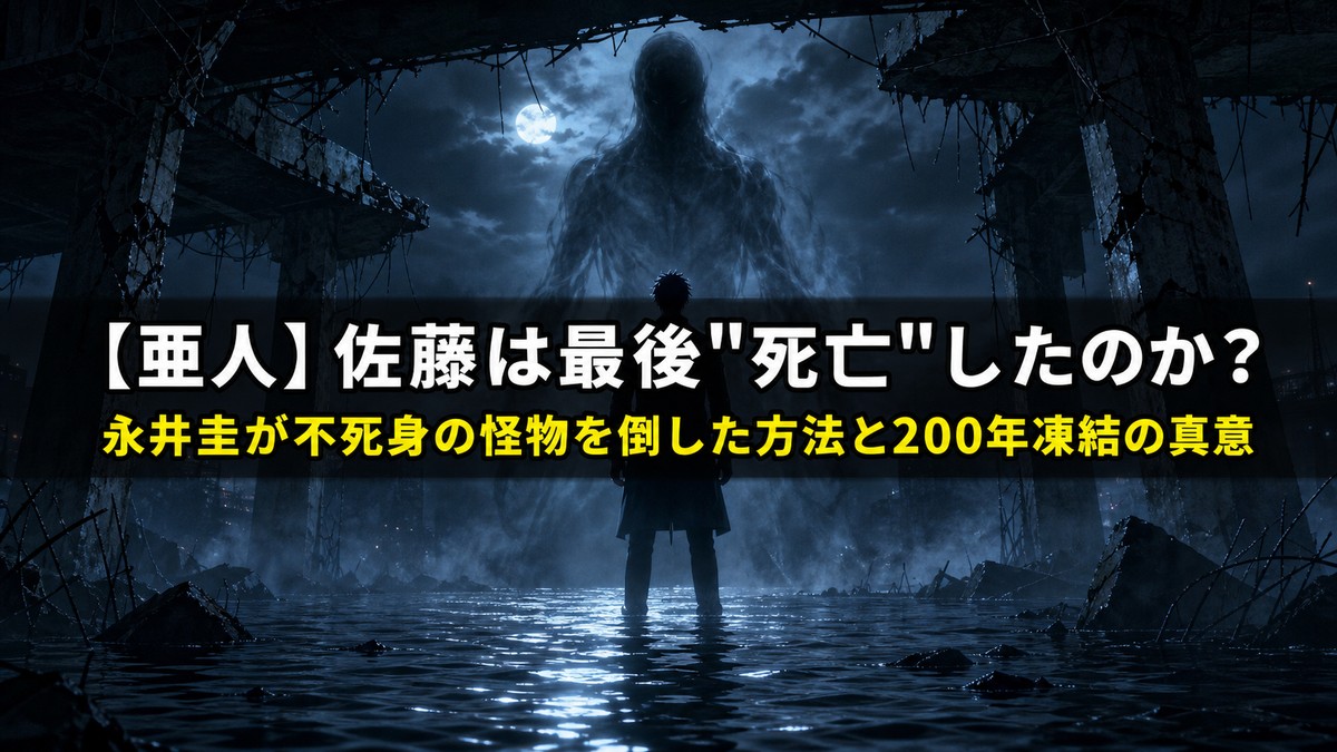 「【亜人】佐藤は最後死亡したのかを解説する記事のアイキャッチ画像。崩落した橋の下、水辺に立つ男の背後に半透明の黒い幽霊が迫る不穏な構図」