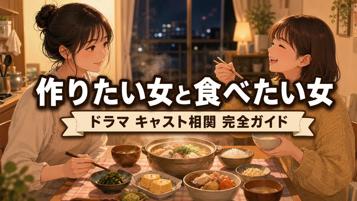 ドラマ『作りたい女と食べたい女』のキャスト相関ガイドのアイキャッチ画像。食卓を囲む2人の女性のイラスト