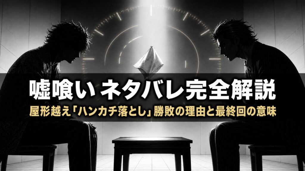 嘘喰いネタバレ解説記事のアイキャッチ画像。真っ白な部屋で二人の男が小さなテーブルを挟んで対峙し、空中に一枚のハンカチが落ちる緊迫した構図