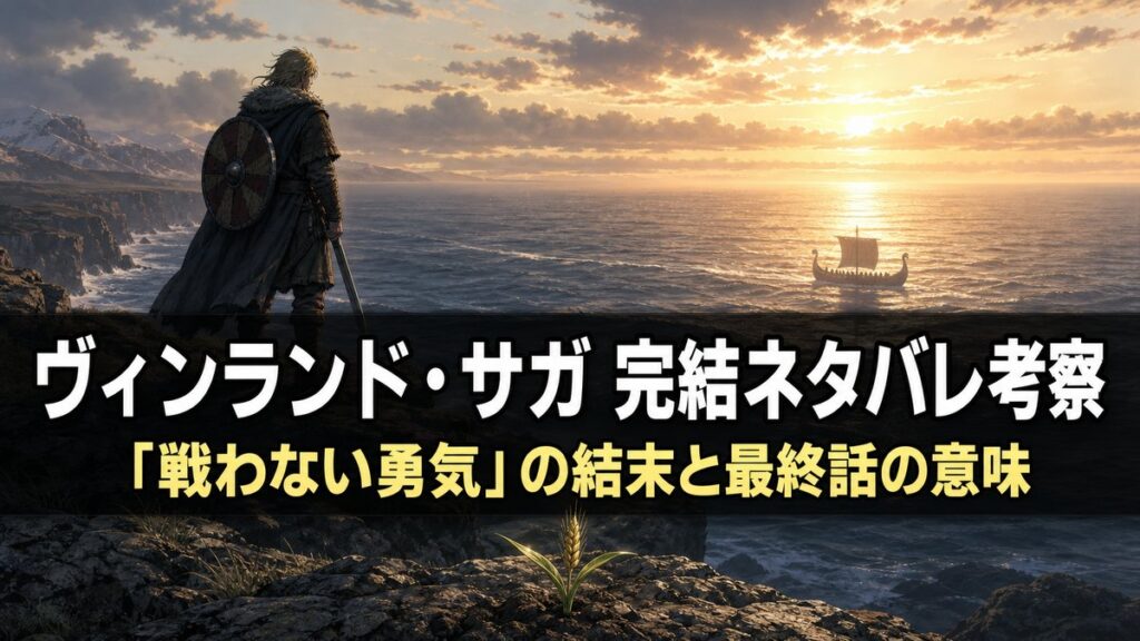 「ヴィンランド・サガ 完結ネタバレ考察記事のアイキャッチ画像。北の海を見渡す崖の上に立つヴァイキング戦士と、足元で芽吹く一粒の麦の苗を描いたドラマチックな構図」