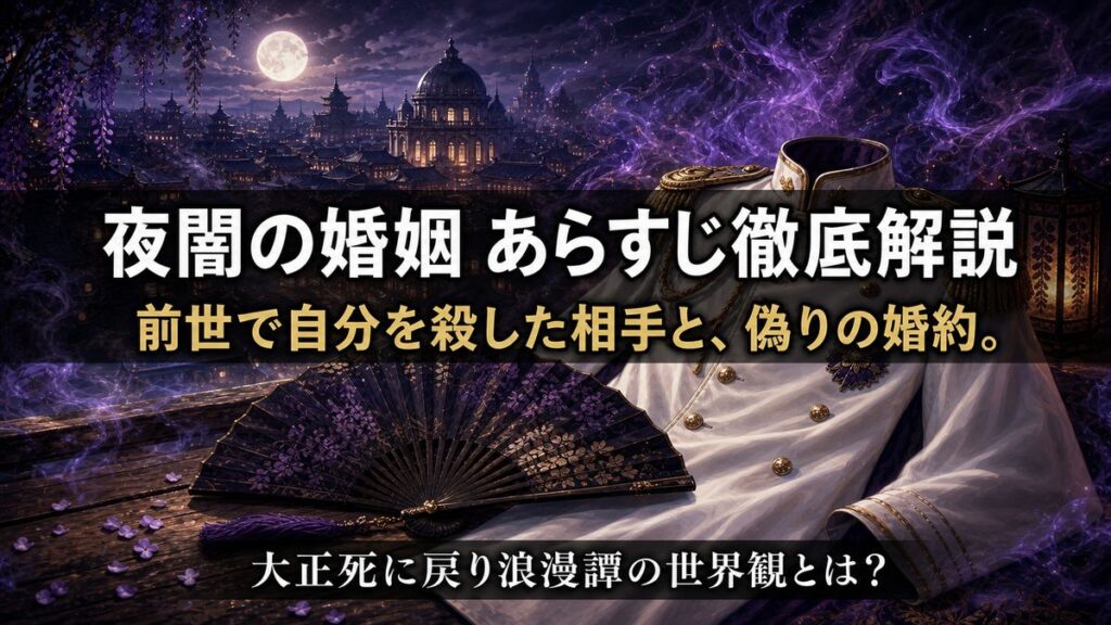「夜闇の婚姻 前世の宿縁と偽りの婚約者のあらすじ解説記事のアイキャッチ画像。大正・帝都の夜と白い軍服、幻想的な紫の妖の煙が漂う構図」