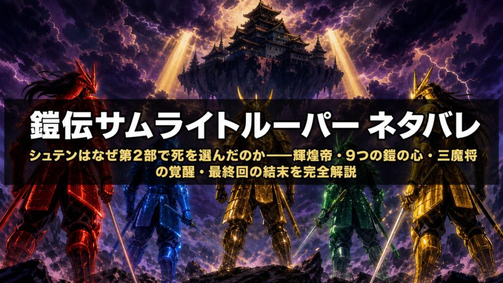 鎧伝サムライトルーパー ネタバレ記事のアイキャッチ画像。5人の鎧戦士が闇の城を背景に立つドラマチックな構図
