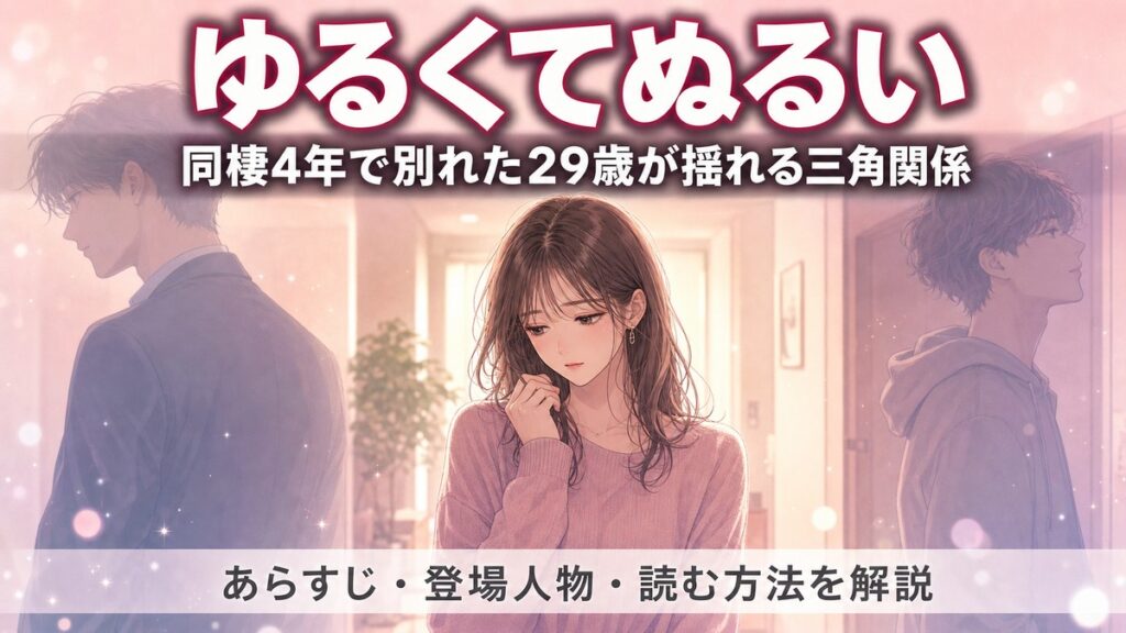 漫画『ゆるくてぬるい』のあらすじ解説アイキャッチ。29歳の女性が元彼と隣人ハイスペ男子の間で揺れる三角関係を示すイメージ。