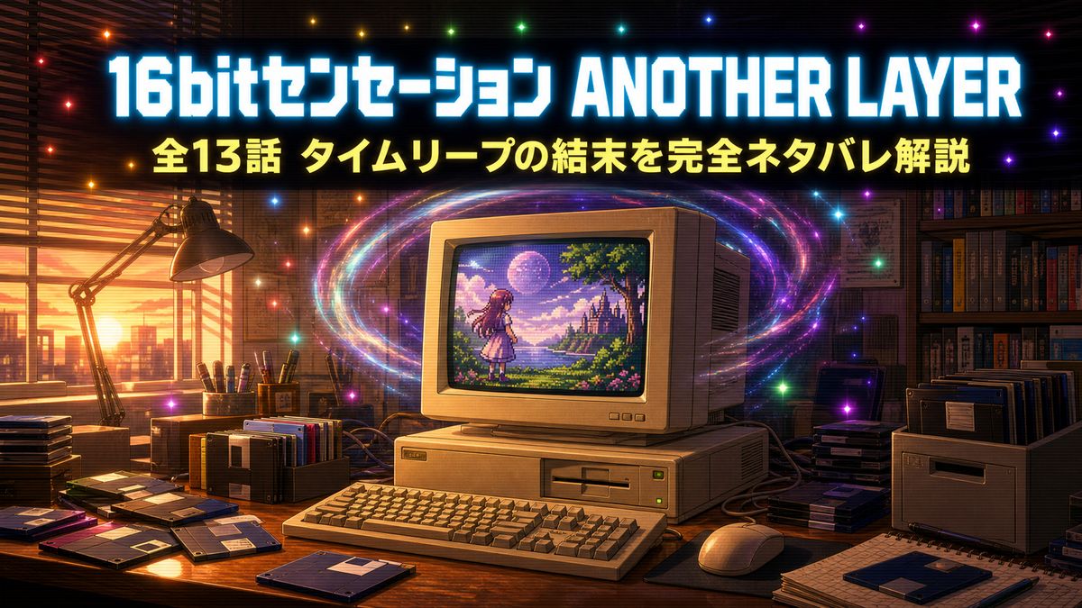 アニメ『16bitセンセーション ANOTHER LAYER』のネタバレ解説記事のアイキャッチ。レトロPCと七色の粒子で全13話タイムリープの結末を表現
