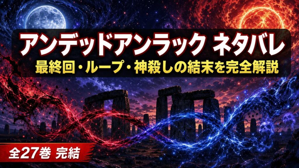 アンデッドアンラックのネタバレ解説記事のアイキャッチ。星空とストーンヘンジ、対を成す太陽と月を背景に「最終回・ループ・神殺しの結末を完全解説」の文字。