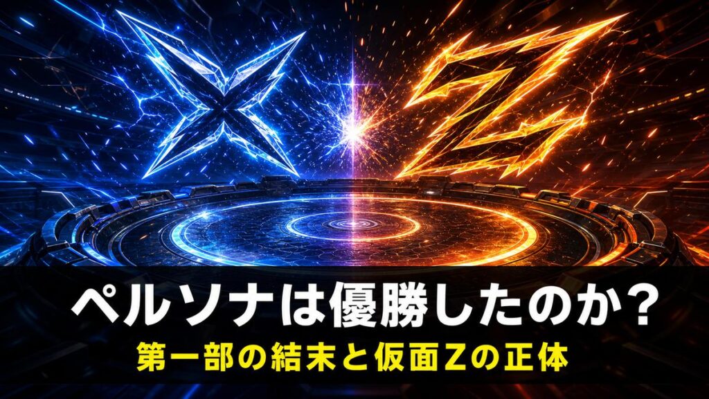 ベイブレードXネタバレ解説記事のアイキャッチ画像。発光するベイブレードスタジアムとX・Zの記号エンブレムを背景に「ペルソナは優勝したのか？」「第一部の結末と仮面Zの正体」のコピーを配置。