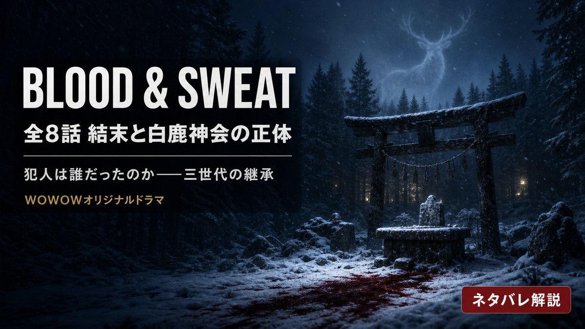 連続ドラマW『BLOOD & SWEAT』全8話のネタバレ解説記事のアイキャッチ。雪に覆われた北欧の森と祭壇、白鹿の幻影を配したキービジュアル