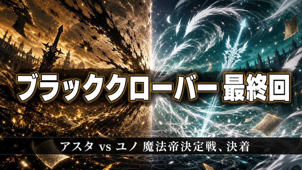 ブラッククローバー最終回、アスタとユノの魔法帝決定戦を象徴する黒と白の魔法エネルギーが激突するアイキャッチ画像