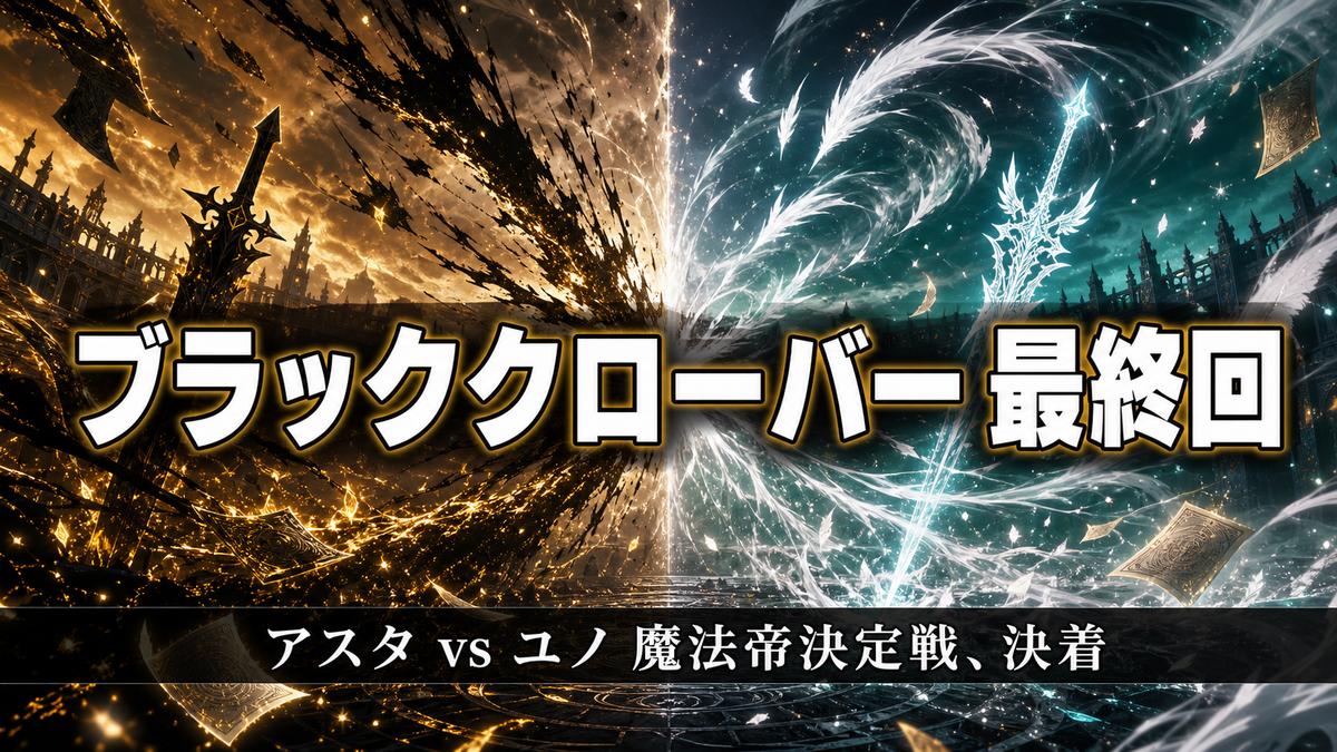 ブラッククローバー最終回、アスタとユノの魔法帝決定戦を象徴する黒と白の魔法エネルギーが激突するアイキャッチ画像