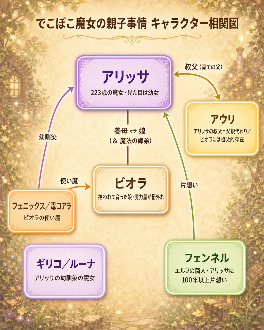 でこぼこ魔女の親子事情の登場人物相関図（アリッサ・ビオラ・アウリ・フェンネル・ギリコ・ルーナの関係）