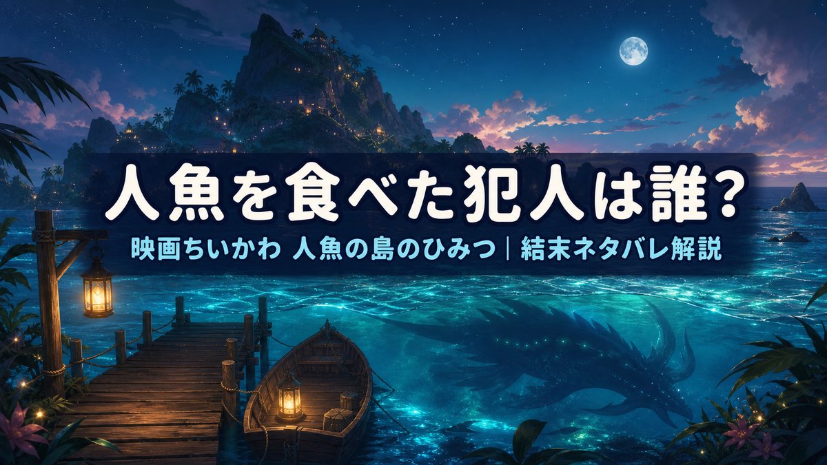 映画ちいかわ人魚の島のひみつの結末ネタバレを解説するアイキャッチ。夕暮れの南の島と海中に潜む大きな影