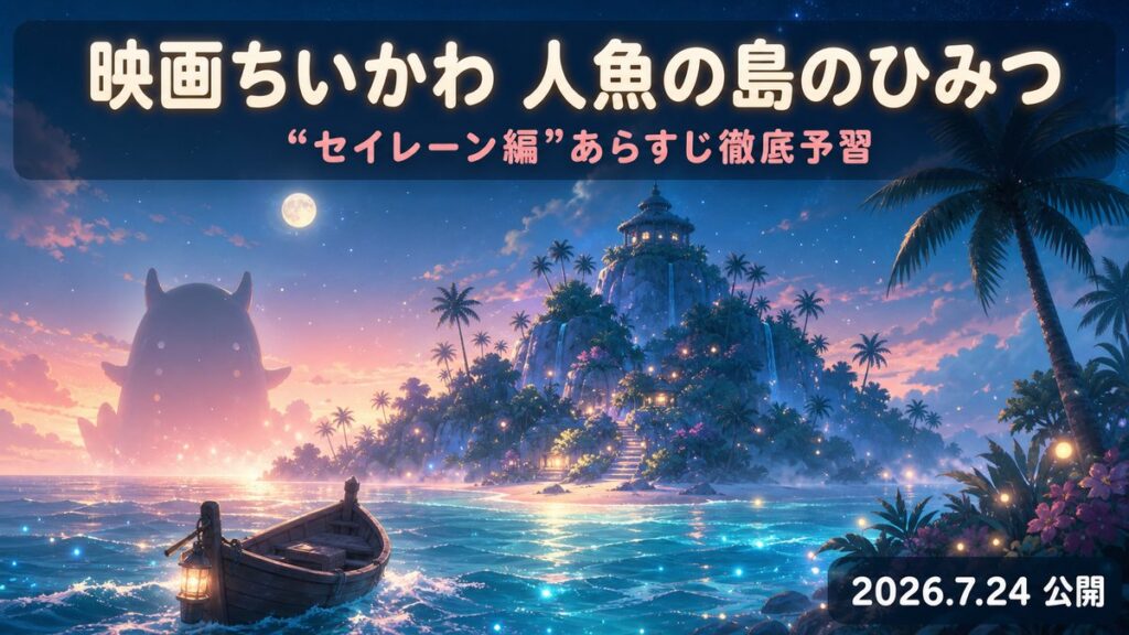映画ちいかわ 人魚の島のひみつのあらすじ予習アイキャッチ。月明かりの島と船を描いたキービジュアル