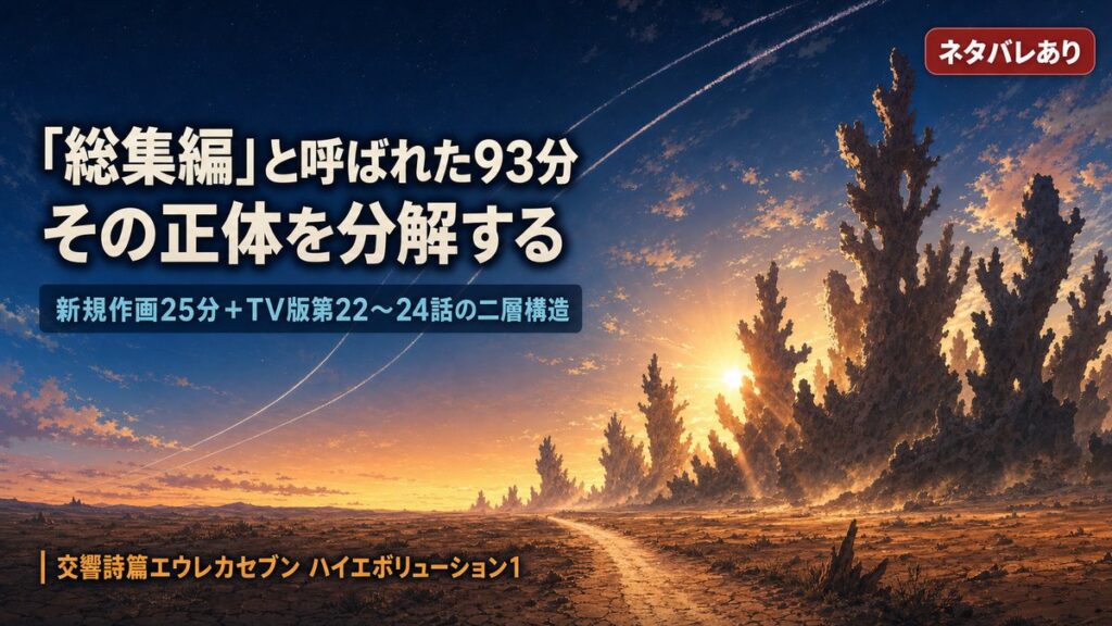 `交響詩篇エウレカセブン ハイエボリューション1の解説記事アイキャッチ。夜明けの荒野と珊瑚状の岩山を背景に「「総集編」と呼ばれた93分 その正体を分解する」「新規作画25分＋TV版第22〜24話の二層構造」の文字が入る`
