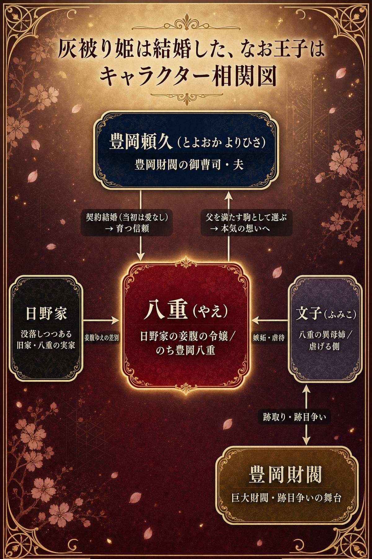 『灰被り姫は結婚した、なお王子は』の登場人物相関図。八重を中心に、夫・豊岡頼久、姉・文子、生家の日野家、嫁ぎ先の豊岡財閥の関係を示す。