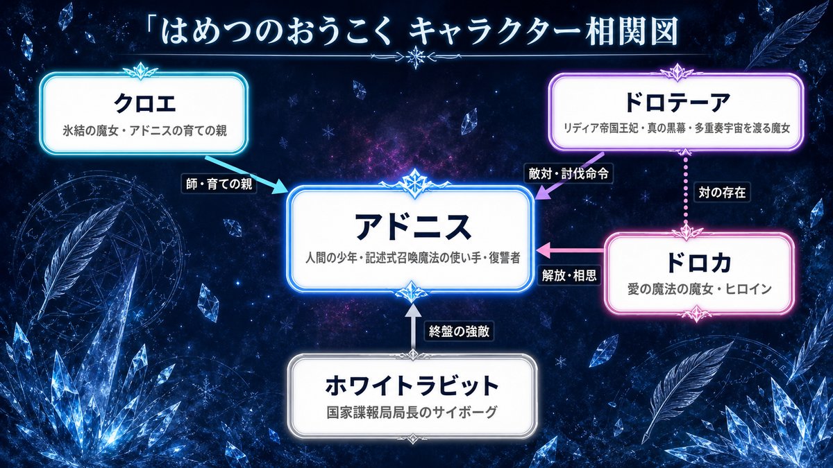 はめつのおうこく相関図。アドニスを中心にクロエ・ドロカ・ドロテーア・シロウサギの関係を示した図
