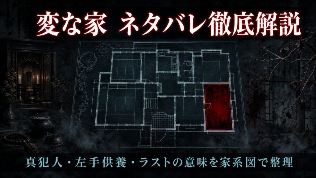 映画『変な家』のネタバレ解説アイキャッチ。暗い背景に日本家屋の間取り図と赤く光る隠し部屋