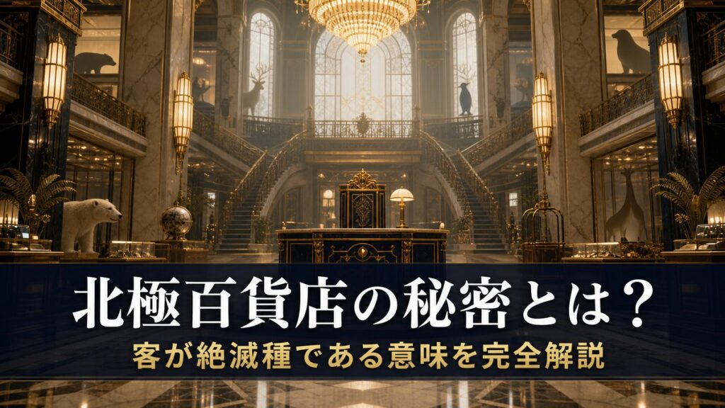 北極百貨店のコンシェルジュさん ネタバレ解説記事のアイキャッチ画像。豪華で少し不穏な百貨店のエントランスホールと『北極百貨店の秘密とは？』のコピー
