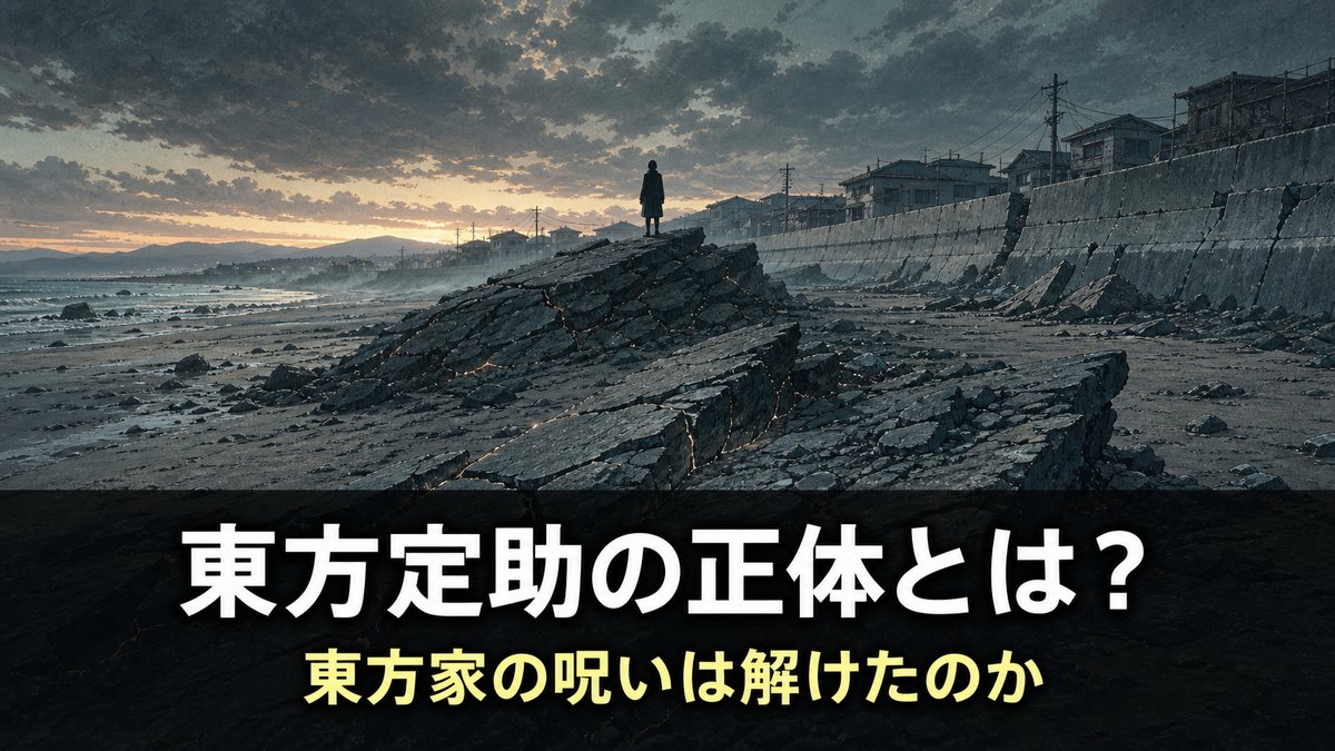 ジョジョリオン考察記事のアイキャッチ画像。夕暮れの海岸に隆起した岩の裂け目と後ろ姿の人物のシルエット、『東方定助の正体とは？』『東方家の呪いは解けたのか』のコピー