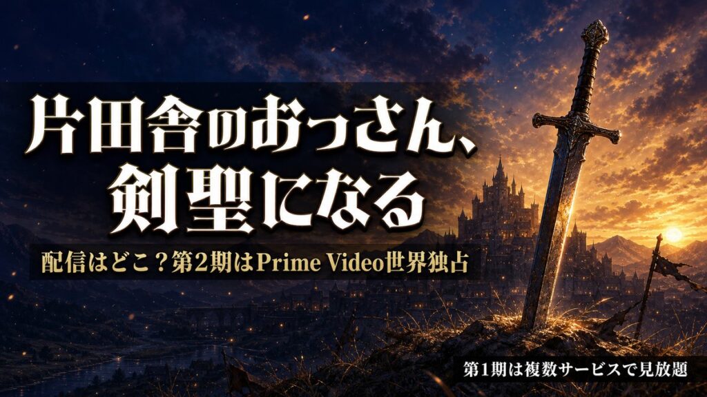 アニメ「片田舎のおっさん、剣聖になる」の配信を紹介するアイキャッチ。第2期はPrime Video世界独占、第1期は複数サービスで見放題。