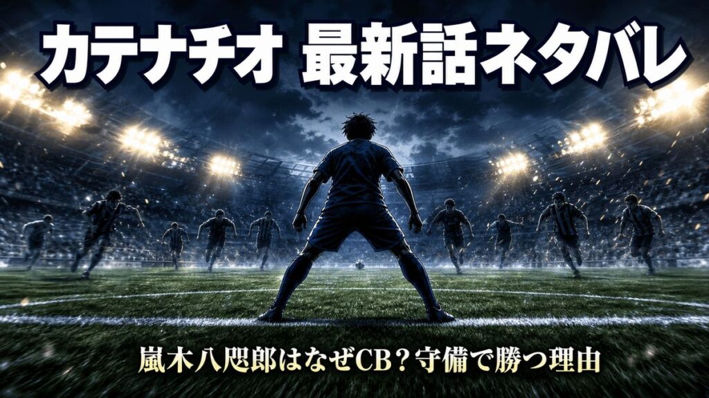 カテナチオ最新話のアイキャッチ。夜のスタジアムで守備に構える嵐木八咫郎のシルエットとタイトル文字