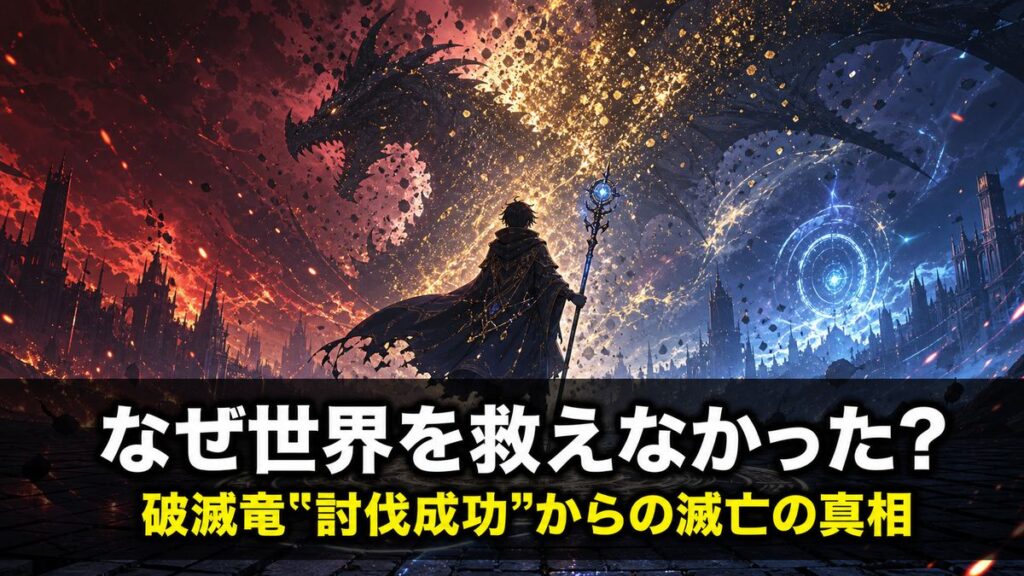 帰還者の魔法は特別です ネタバレ解説記事のアイキャッチ画像。崩れゆく巨大な竜と黄金のマナ粒子を背に立つ魔法使いのシルエットと「なぜ世界を救えなかった？」のコピー。