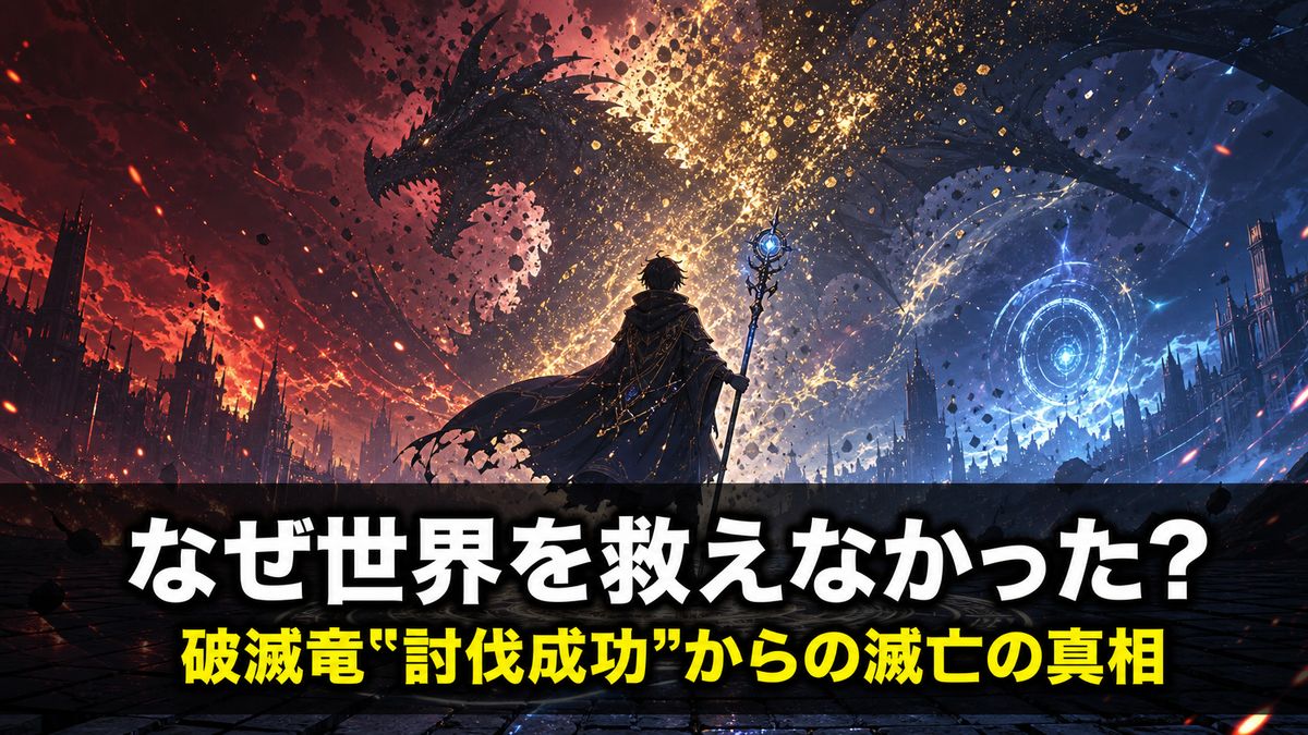 帰還者の魔法は特別です ネタバレ解説記事のアイキャッチ画像。崩れゆく巨大な竜と黄金のマナ粒子を背に立つ魔法使いのシルエットと「なぜ世界を救えなかった？」のコピー。