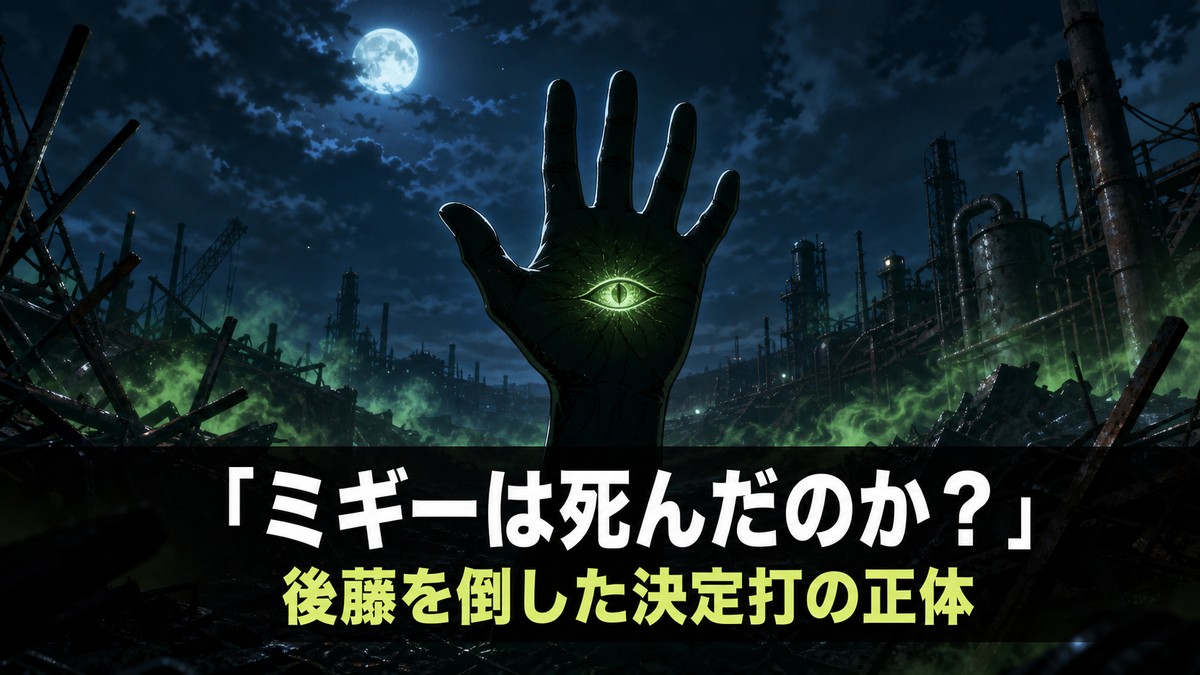 寄生獣のネタバレ解説記事のアイキャッチ画像。月明かりの産業廃棄物置き場に掲げられた右手のシルエットと「ミギーは死んだのか?」のコピー