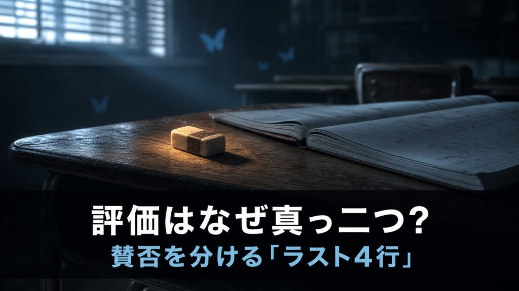 恋に至る病の評価解説記事のアイキャッチ画像。夕方の教室の机に置かれた消しゴムと「評価はなぜ真っ二つ？」「賛否を分ける『ラスト4行』」のコピー