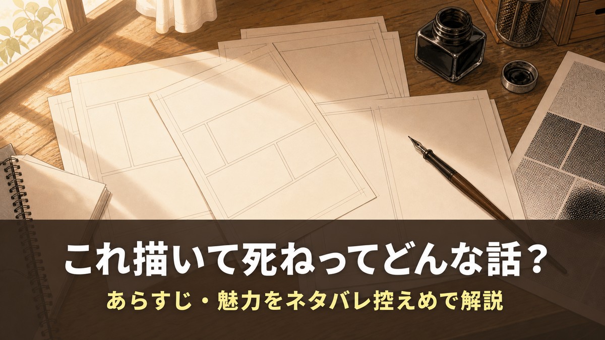 「これ描いて死ね あらすじ解説記事のアイキャッチ画像。マンガ制作机（原稿用紙・つけペン・インク）の俯瞰と『これ描いて死ねってどんな話？』のコピー」
