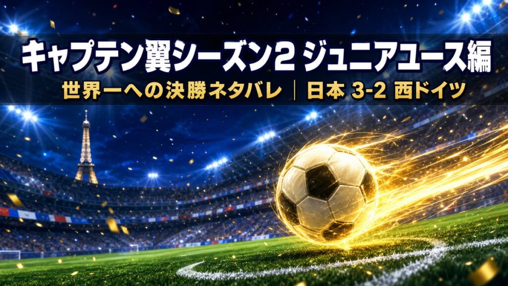 キャプテン翼シーズン2 ジュニアユース編のアイキャッチ画像。パリの夜のスタジアムを背景に決勝ネタバレを示すキービジュアル