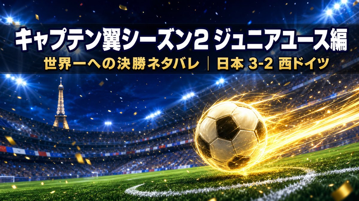キャプテン翼シーズン2 ジュニアユース編のアイキャッチ画像。パリの夜のスタジアムを背景に決勝ネタバレを示すキービジュアル