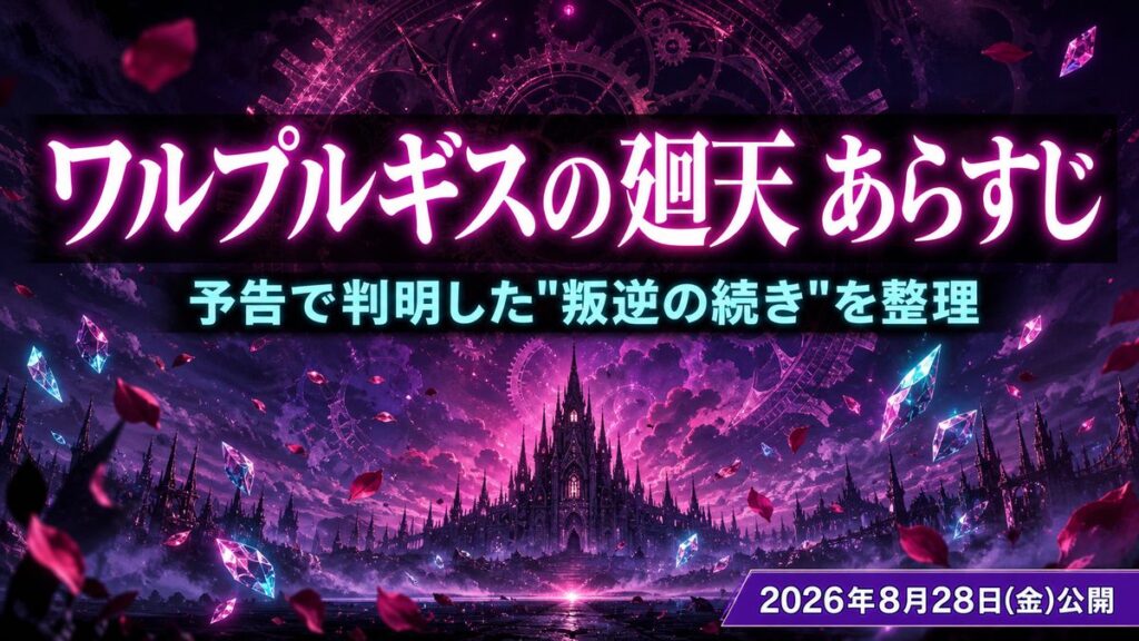 劇場版 魔法少女まどか☆マギカ〈ワルプルギスの廻天〉のあらすじを紹介するアイキャッチ画像。2026年8月28日公開。