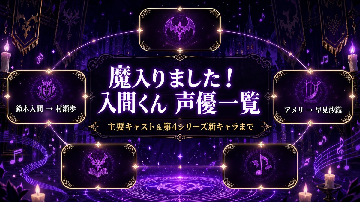 魔入りました！入間くんの声優一覧を紹介するアイキャッチ画像。悪魔学校の世界観を背景に主要キャストを示すデザイン