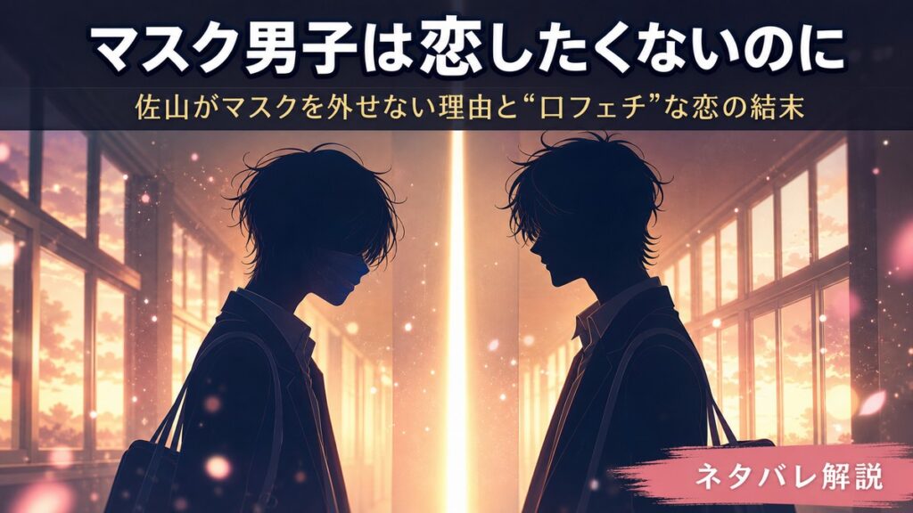 BL漫画『マスク男子は恋したくないのに』のネタバレ解説記事のアイキャッチ。夕暮れの学園を背景にした2人のシルエット