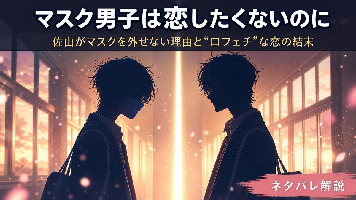 BL漫画『マスク男子は恋したくないのに』のネタバレ解説記事のアイキャッチ。夕暮れの学園を背景にした2人のシルエット