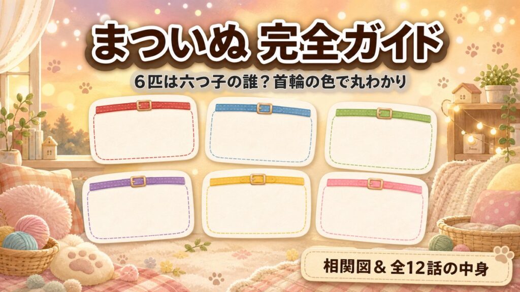 まついぬ完全ガイドのアイキャッチ。6匹の犬と六つ子の対応を首輪の色で示すキービジュアル
