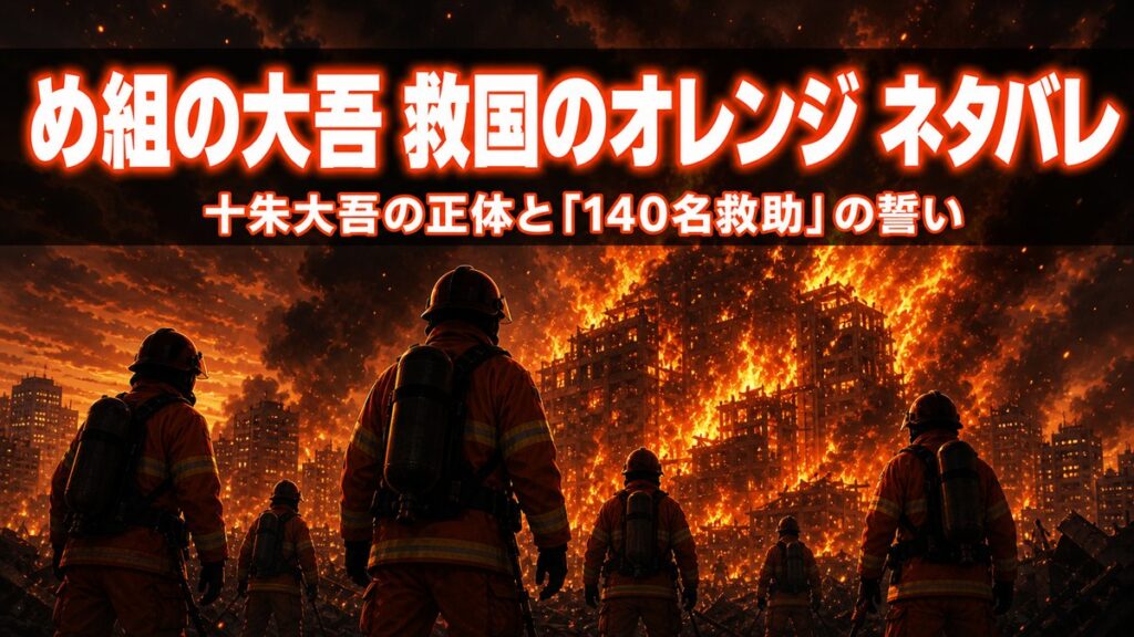 め組の大吾 救国のオレンジのネタバレ記事のアイキャッチ。燃える建物を背景にオレンジ色の救助隊のシルエットが立つビジュアル。