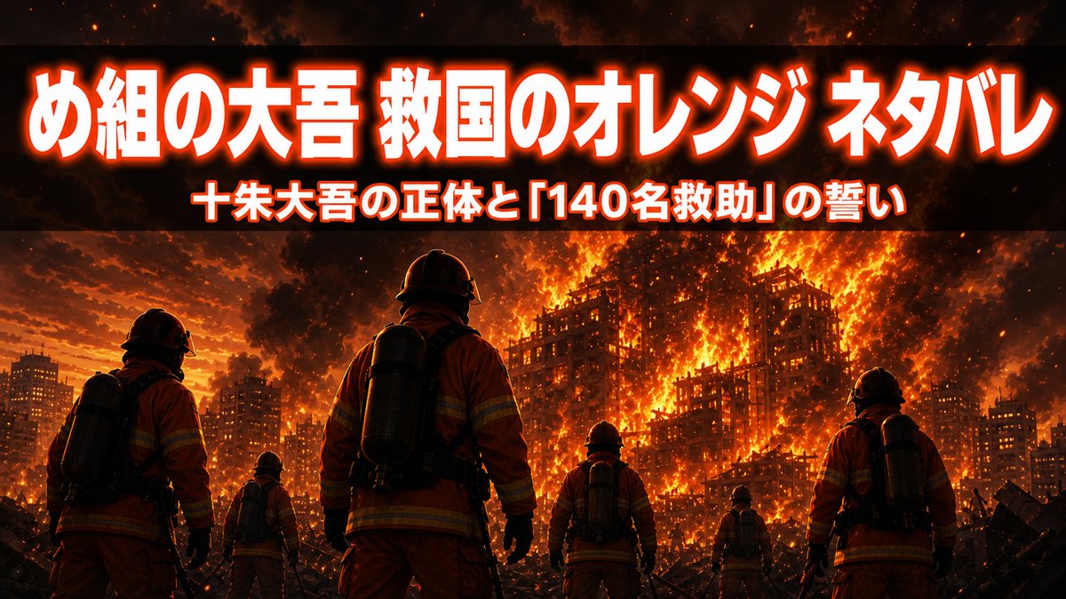 め組の大吾 救国のオレンジのネタバレ記事のアイキャッチ。燃える建物を背景にオレンジ色の救助隊のシルエットが立つビジュアル。
