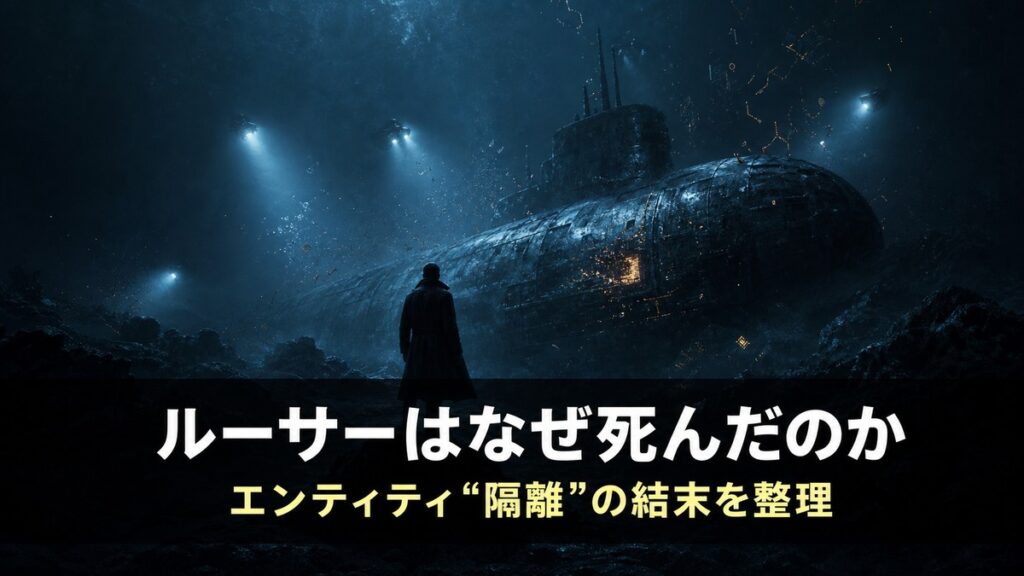 『ミッション：インポッシブル／ファイナル・レコニング』ネタバレ解説記事のアイキャッチ画像。深海に沈む潜水艦の傍らに立つ人物のシルエットと「ルーサーはなぜ死んだのか」のコピー