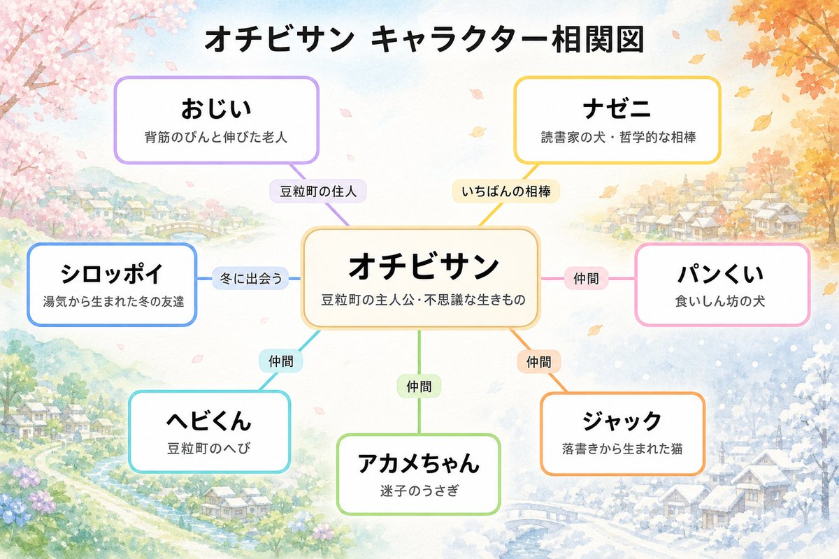 『オチビサン』登場キャラクター相関図。主人公オチビサンとナゼニ・パンくい・シロッポイら豆粒町の仲間たちの関係を示した図