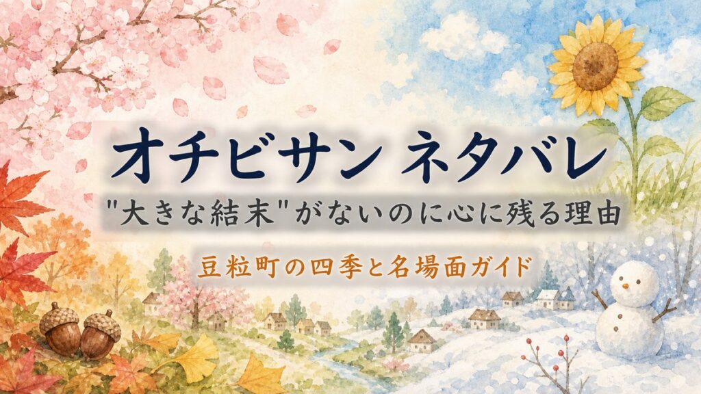 安野モヨコの漫画『オチビサン』のネタバレ解説記事のアイキャッチ。豆粒町の四季を表す水彩調の背景