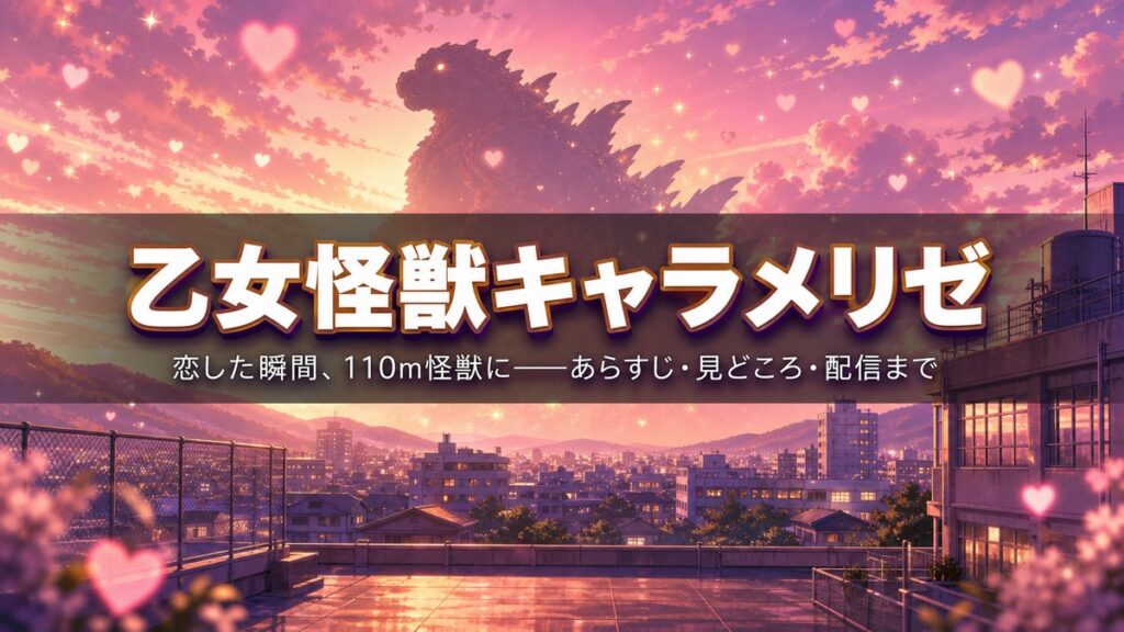 乙女怪獣キャラメリゼのあらすじ紹介記事のアイキャッチ。夕暮れの街に巨大怪獣ハルゴンのシルエットが浮かぶキービジュアル