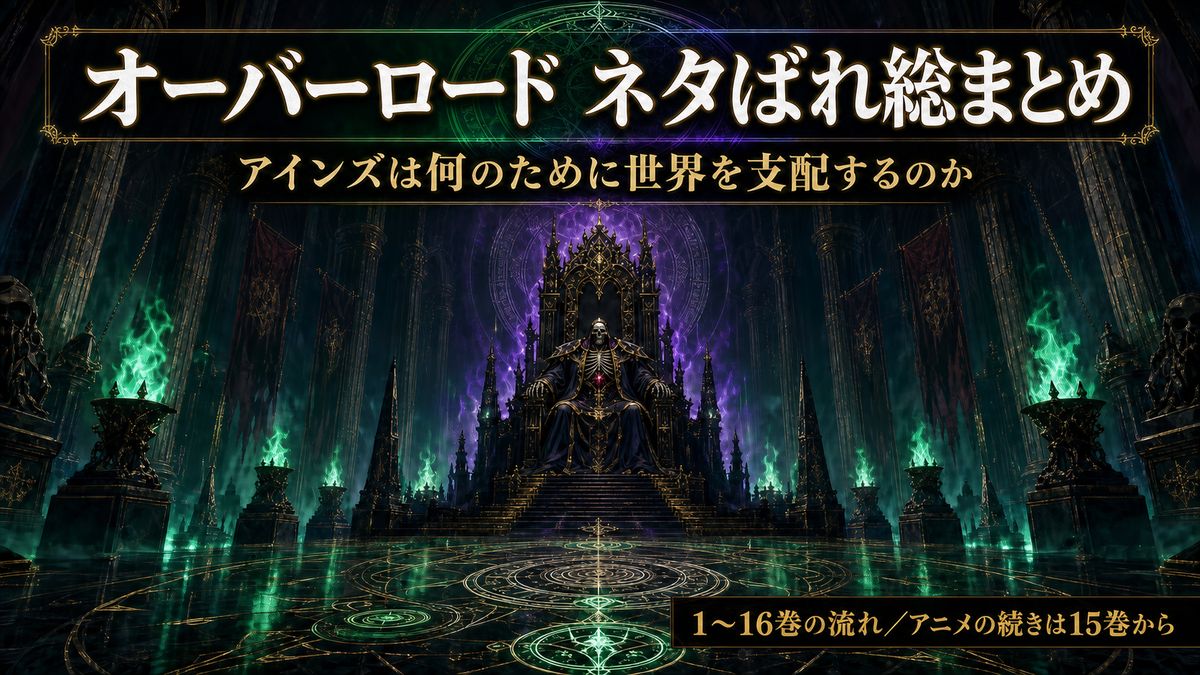 オーバーロードのネタばれを総まとめした記事のアイキャッチ画像。緑の炎が照らす地下大墳墓の玉座に座る魔導王のシルエットと「1〜16巻の流れ／アニメの続きは15巻から」の文字