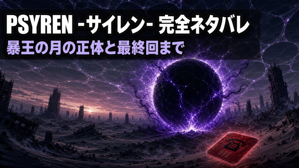 PSYREN -サイレン- の完全ネタバレ記事のアイキャッチ。荒廃した未来都市と暴王の月を象徴する黒い球体、赤いテレホンカードを配したダークなキービジュアル