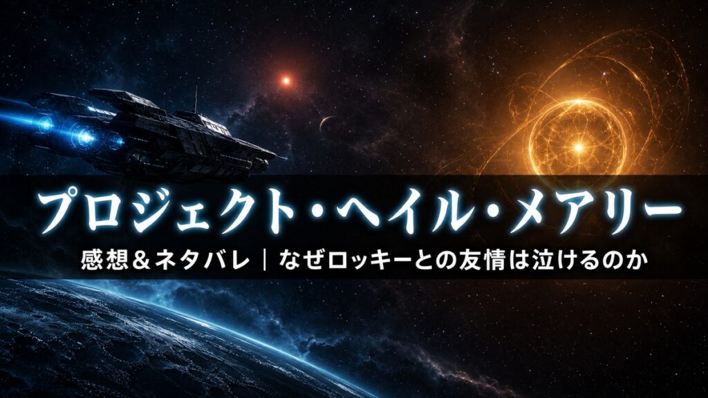 映画・小説『プロジェクト・ヘイル・メアリー』の感想とネタバレ考察を示す、宇宙空間で2隻の宇宙船が出会うSFイメージのアイキャッチ画像
